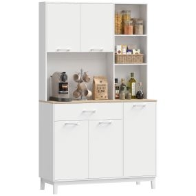Alacena de Cocina Alta, Mueble Auxiliar de Cocina con 5 Puertas, 3 Estantes, Cajón, Encimera para Microondas, Estantes Ajustables, para Comedor, Salón, 106,5x40x180 cm, Blanco