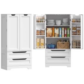 Armario de Cocina, Armario Despensa Cocina, con 6 Estantes en las Puertas, 2 Cajones, Alacena Moderna para Comedor, 58x38x120 cm, Blanco