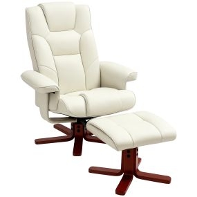 Sillón reclinable con reposapiés tapizado en tejido tecnológico y estructura de madera crema