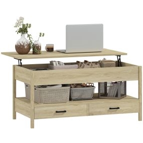 Mesa de centro elevable con almacenaje, cajones y estante abierto 100x50x48-62 cm roble
