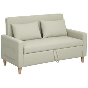 Sofá de 2 Plazas Tapizado en Lino Sintético con Espacio de Almacenamiento, Sofá Moderno con 2 Almohadas, Bolsillo y Patas de Madera, Carga 240 kg para Dormitorio, Salón 135x71x84 cm Beige