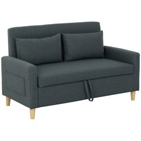 Sofá de 2 Plazas Tapizado en Lino Sintético con Espacio de Almacenamiento, Sofá Moderno con 2 Almohadas, Bolsillo y Patas de Madera, Carga 240 kg para Dormitorio, Salón 135x71x84 cm Gris Oscuro
