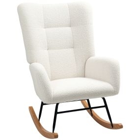 Silla Mecedora, Tapizado de Terciopelo Teddy, Sillón Mecedora con Reposabrazos, Acolchado Grueso, Patas de Madera, Respaldo Alto para Salón, Dormitorio, Crema