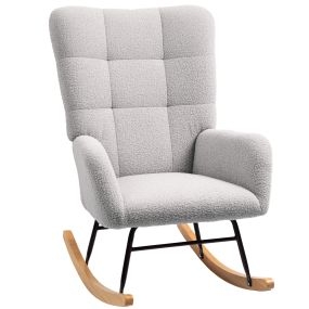 Silla mecedora de terciopelo teddy con reposabrazos, acolchado grueso, patas de madera, gris claro