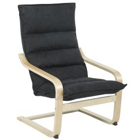 Sillón moderno tapizado en terciopelo negro con respaldo alto, reposabrazos y patas de madera