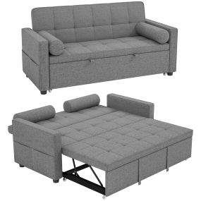 Sofá Cama 2 Plazas 3 en 1, Sofá Cama Deslizantede Tejido Lino con Respaldo Ajustable 6 Niveles, Bolsillos Laterales, 2 Cojines con Fundas Extraíbles para Sala de Estar, Espacios Pequeños, Gris