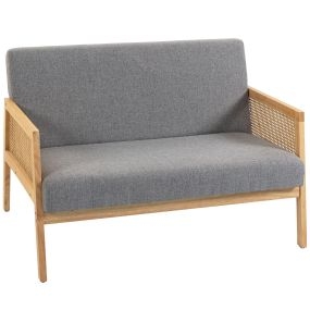 Sofá de 2 Plazas Tapizado en Lino Sintético con Detalles Ratán Sintético, Sofá Compacto Moderno con Estructura de Madera de Caucho, Carga 240 kg para Dormitorio, Salón, 115x77x77 cm, Gris Claro