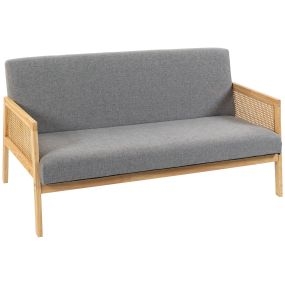 Sofá de 3 Plazas Tapizado en Lino Sintético con Detalles Ratán Sintético, Sofá Compacto Moderno con Estructura de Madera de Caucho, Carga 330 kg para Dormitorio, Salón, 149x77x77 cm, Gris Claro