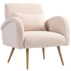 Sillón de Salón de Tela Teddy, Butaca de Salón con Cojín Lumbar Desmontable, Patas de Metal con Efecto Madera, Sillón de Relax para Dormitorio, Oficina, Estudio, Beige
