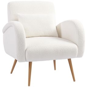 Sillón de Salón de Tela Teddy, Butaca de Salón con Cojín Lumbar Desmontable, Patas de Metal con Efecto Madera, Sillón de Relax para Dormitorio, Oficina, Estudio, Blanco Crema