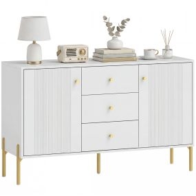 Aparador Moderno de 2 Puertas, Aparador de Salón con 3 Cajones, Estantes Ajustables, Encimera con Efecto Mármol, Patas de Acero, para Cocina, Entrada, Dormitorio, Blanco, 120x39,1x76 cm