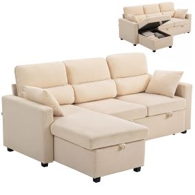 Sofá Cama Chaise Longue, Sofá Cama Esquinero 205 cm, en Forma de L, Chaise Longue Reversible con Almacenaje, Soporte Lumbar, Tapizado de Pana, Almohadas, Beige