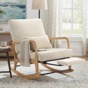 Silla Mecedora con Reposapiés, Respaldo Ajustable, Mecedora de Pana Nórdica, Patas de Madera, Reposabrazos, Cojín Lumbar, Sillón de Relax, Carga 120 kg, para Dormitorio, Salón, Crema