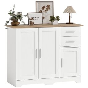 Aparador de 3 Puertas, Aparador de Salón con 2 Cajones, Armario de Cocina con Estante Ajustable, para Entrada, Dormitorio, 100x40x78 cm, Blanco y Natural