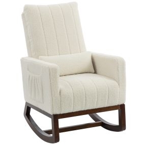 Silla Mecedora con Cojín Lumbar, Sillón Mecedora, Tapizada en Franela de Nieve, Respaldo Alto, Acolchado Grueso, Base de Madera, Bolsillos Laterales, para Salón, Dormitorio, Crema