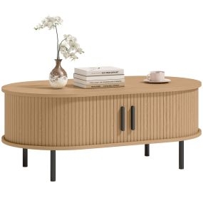 Mesa de centro ovalada con puertas de tambor deslizantes, almacenamiento oculto, madera natural, 100x55x40 cm