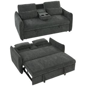 Sofá Cama 2 Plazas 3 en 1, Sofá Cama de Chenilla con Mesa Auxiliar, Portavasos, Respaldo Ajustable, Bolsillos Laterales, 2 Almohadas para Sala de Estar, Espacios Pequeños, Gris Oscuro
