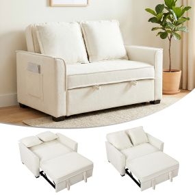 Sofá cama 2 plazas 3 en 1 de tejido rizo con respaldo ajustable y bolsillos laterales, blanco crema