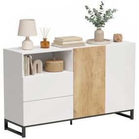 Aparador estrecho de 2 puertas y 2 cajones con estante ajustable 140x40x85 cm blanco y roble
