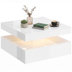 Mesa de Centro con LED RGB de 7 Colores, Mesa de Café para Salón de Alto Brillo Blanco con Almacenamiento Abierto y Mando a Distancia, para Comedor, Oficina, 78x78x40 cm