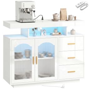 Aparador con LED RGB de 7 Colores, Tomas y Puertos USB, Aparador de Salón de Alto Brillo con 3 Cajones, Estantes Abiertos, 2 Puertas de Acrílico, Cierre Suave, para TV 72", Blanco, 100x35x80 cm
