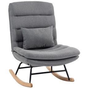 Mecedora tapizada de lino con cojín lumbar, respaldo alto, asiento amplio de 72 cm, gris claro