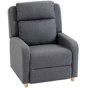 Sillón relax reclinable manual tapizado en lino gris oscuro con reposapiés y patas de madera