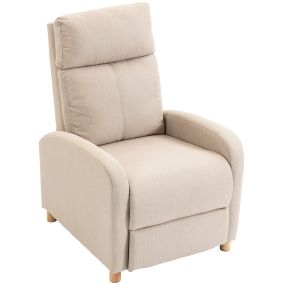 Sillón relax reclinable manual 135° tapizado en lino beige con reposapiés y patas de madera
