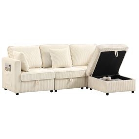 Sofá de 3 Plazas Seccional con Almacenaje, 235 cm, Sofá Modular de Pana con Otomana Reversible, en Forma de L, Asiento Ancho y Profundo, 3 Almohadas, Bolsillos Laterales, Crema