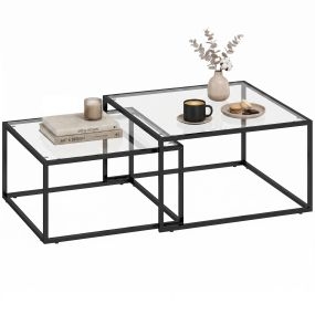 Set de 2 Mesas de Centro Cuadradas, Mesas Nido Modernas con Tablero de Vidrio Templado y Estructura Metálica, Ahorra Espacio, para Salón, Dormitorio u Oficina, 75x75x42 cm, Negro