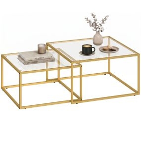 Set de 2 Mesas de Centro Cuadradas, Mesas Nido Modernas con Tablero de Vidrio Templado y Estructura Metálica, Ahorra Espacio, para Salón, Dormitorio u Oficina, 75x75x42 cm, Dorado