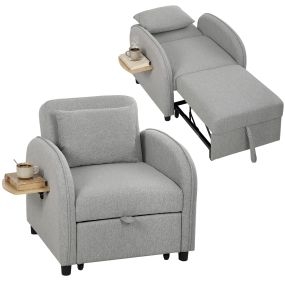 Sofá Cama 1 Plaza Convertible, 3 en 1, con Mesa Lateral Plegable, Sillón Cama con Respaldo Ajustable, Almohada con Funda Lavable, Bolsillo Lateral, para Salón, Dormitorio, Gris