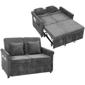 Sofá cama 2 plazas 3 en 1 de tejido chenilla gris con respaldo ajustable y bolsillos laterales