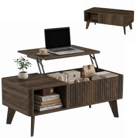 Mesa de Centro Elevable con Almacenaje, Mesa de Café para Salón con Compartimento Oculto, Estantes Abiertos, Frontal Ondulado y Esquinas Curvas, para Comedor, 100x48x41-56 cm, Nogal