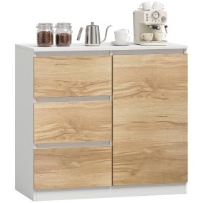 Aparador, Aparador de Salón Pequeño con 3 Cajones y Puerta de Cierre Suave, Armario de Cocina de Almacenaje Moderno, para Entrada, Comedor, 80x40x75 cm, Blanco y Natural