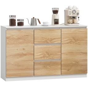 Aparador de 2 Puertas, Aparador de Salón con 3 Cajones, Mueble de TV hasta 55 Pulgadas, para Cocina, Entrada, Dormitorio, 120x35x74,5 cm, Blanco y Roble