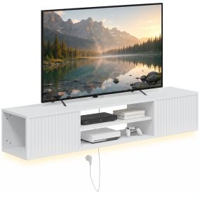 Mueble de TV Suspendido con Luces LED y Enchufes, Mueble de TV para Salón con Estantes Abiertos, Balda Ajustable, Diseño Moderno Acanalado, para Televisión 65 Pulgadas, 140x29,5x26,5 cm, Blanco