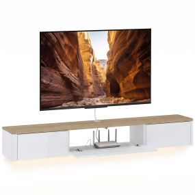 Mueble de TV Suspendido con Luces LED y Enchufes, Mueble de TV para Salón con Armario y 2 Cajones, Estilo Moderno, para Televisión 65 Pulgadas, 140x24x20 cm, Blanco