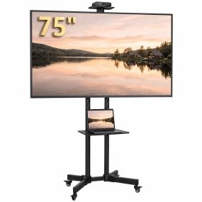 Soporte TV Ruedas para Televisores Planos y Curvos de 32 a 75 Pulgadas, Soporte TV Pie, Altura Ajustable, Inclinación ±15°, 2 Estantes para Medios, Máx. VESA 400x600 mm, hasta 50 kg