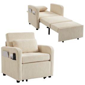 Sofá Cama 1 Plaza Convertible, 3 en 1, Sillón Cama de Pana con Respaldo Ajustable, Almohada Extraíble, Multifuncional, para Salón, Dormitorio, Espacio Pequeño, Beige