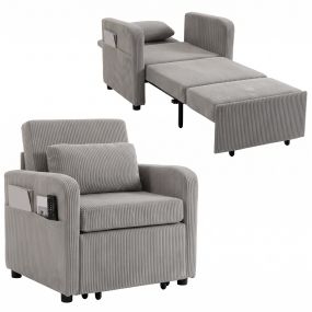 Sofá Cama 1 Plaza Convertible, 3 en 1, Sillón Cama de Pana con Respaldo Ajustable, Almohada Extraíble, Multifuncional, para Salón, Dormitorio, Espacio Pequeño, Gris