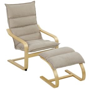 Sillón con reposapiés tapizado en lino beige con balanceo suave, respaldo alto y patas de madera
