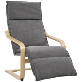 Sillón de salón tapizado en lino gris oscuro con reposapiés y balanceo suave