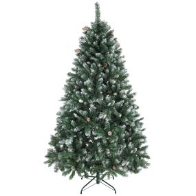 Árbol de Navidad artificial 180 cm con 910 ramas, nieve, 58 piñas y soporte metálico plegable