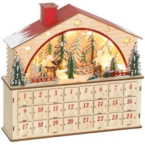 Calendario de Adviento para Rellenar de Madera, con Luces LED y 24 Cajones, Calendario de Adviento de Navidad Reutilizable con Escena de Pueblo, Decoración Navideña, 36x10x34 cm, Natural