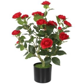 Planta Artificial de Camelia 65 cm, Árbol Artificial en Maceta con Flores de Seda Realistas, 116 Hojas y Efecto Musgo, Árbol Decorativo para Interior y Exterior, Ø15x65 cm, Rojo