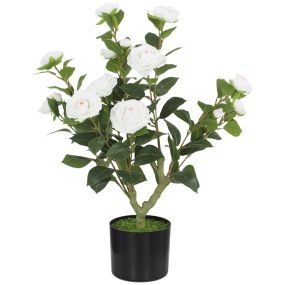 Planta Artificial de Camelia 65 cm, Árbol Artificial en Maceta con Flores de Seda Realistas, 116 Hojas y Efecto Musgo, Árbol Decorativo para Interior y Exterior, Ø15x65 cm, Blanco