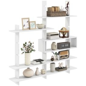 Estantería de pared geométrica con 4 estantes y compartimento central rectangular, blanco