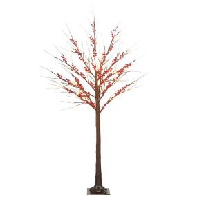 Árbol de Abedul Artificial 150 cm, Lámpara de Árbol con 96 Luces LED Blanco Cálido, Bayas Rojas, Temporizador y 12 Ramas Flexibles, Decoración Navideña para Interior y Exterior Cubierto, Marrón