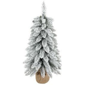 Árbol de Navidad Artificial Nevado 90 cm, Árbol de Navidad Estrecho, 107 Puntas de Rama Caídas, Base de Arpillera, Decoración Navideña para Hogar y Oficina, Blanco